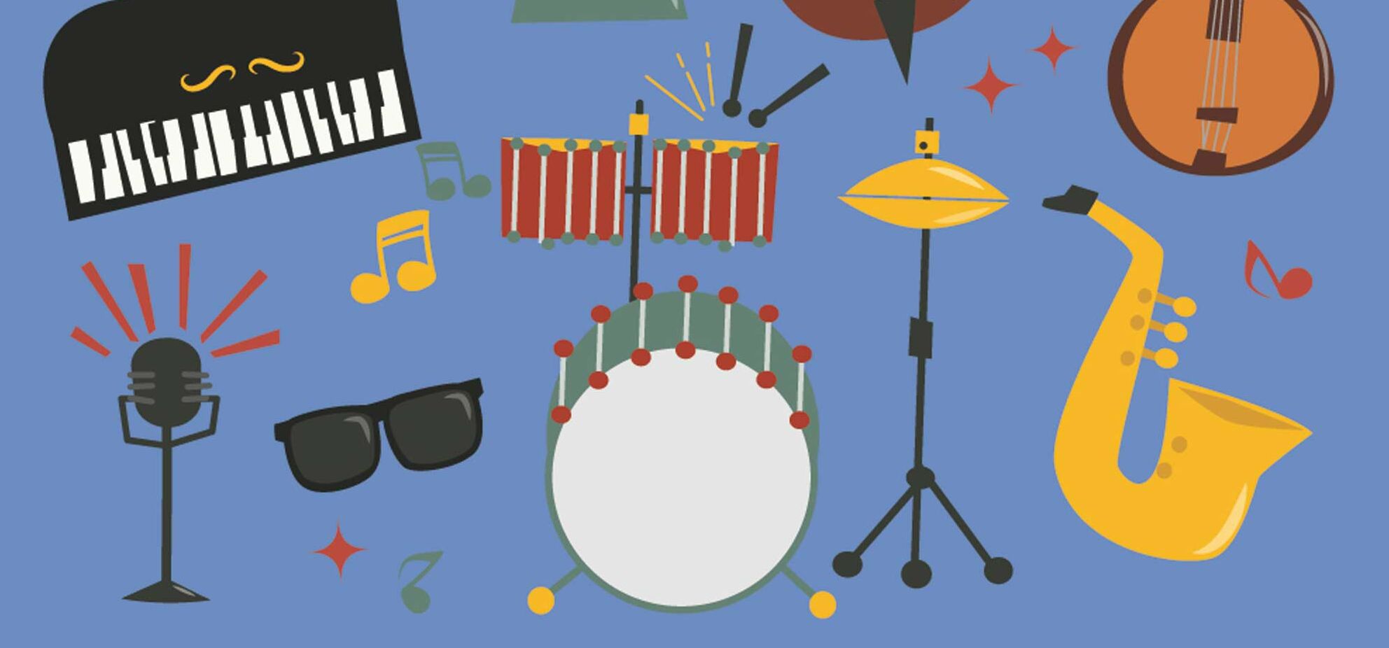 blauer Hintergrund, Klavier, Schlagzeug, Saxophon, Trompete, Trommeln, Sonnenbrille, Noten