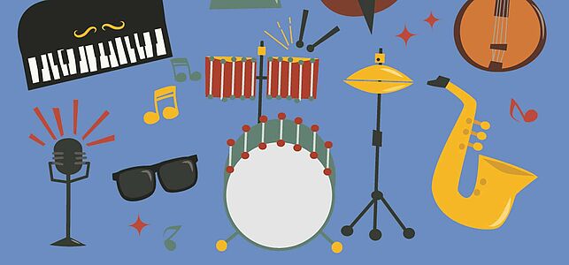 blauer Hintergrund, Klavier, Schlagzeug, Saxophon, Trompete, Trommeln, Sonnenbrille, Noten